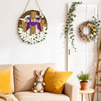 He is Risen Easter Decor, Wooden Religious Easter Wreaths for Front Door, Christian Easter Cross Flowers Sign, alternate view