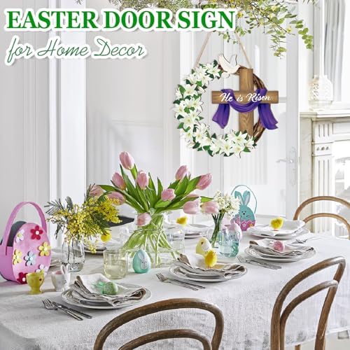 He is Risen Easter Decoration Wooden Wreaths for Front Door Sign Cross Sign Door Wall Signs, Christian Jesus, alternate view