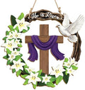 He is Risen Easter Wreath, Wooden Christian Cross Door Decor with Lily Flowers & Dove, Faith-Inspired Easter