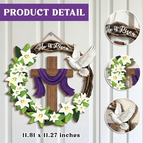 He is Risen Easter Wreath, Wooden Christian Cross Door Decor with Lily Flowers & Dove, Faith-Inspired Easter, alternate view