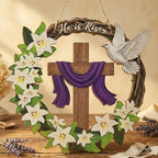 He is Risen Easter Wreath, Wooden Christian Cross Door Decor with Lily Flowers & Dove, Faith-Inspired Easter, alternate view