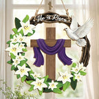 He is Risen Easter Wreath, Wooden Christian Cross Door Decor with Lily Flowers & Dove, Faith-Inspired Easter, alternate view