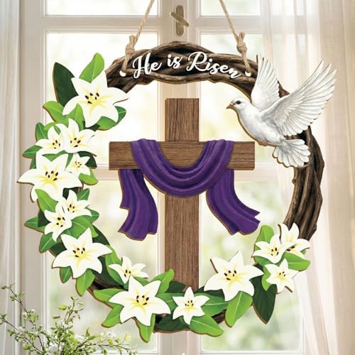 He is Risen Easter Wreath, Wooden Christian Cross Door Decor with Lily Flowers & Dove, Faith-Inspired Easter, alternate view