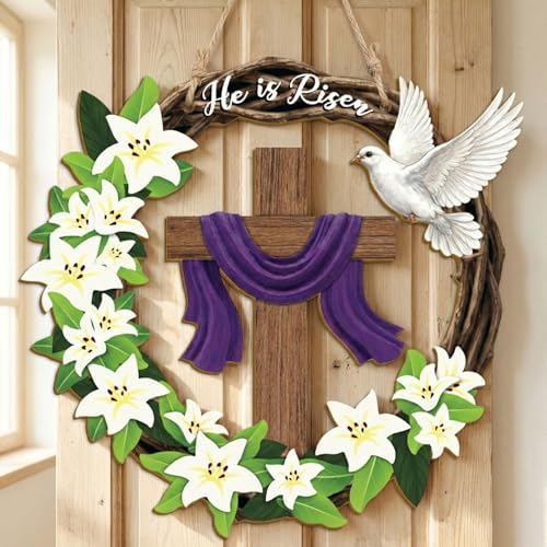 He is Risen Easter Wreath, Wooden Christian Cross Door Decor with Lily Flowers & Dove, Faith-Inspired Easter, alternate view