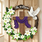He is Risen Easter Wreath, Wooden Christian Cross Door Decor with Lily Flowers & Dove, Faith-Inspired Easter, alternate view