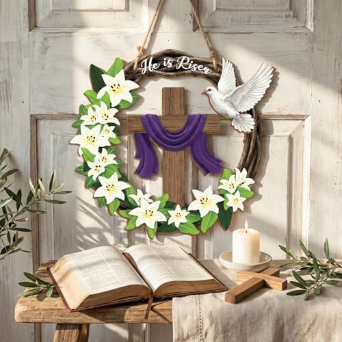 He is Risen Easter Wreath, Wooden Christian Cross Door Decor with Lily Flowers & Dove, Faith-Inspired Easter, alternate view