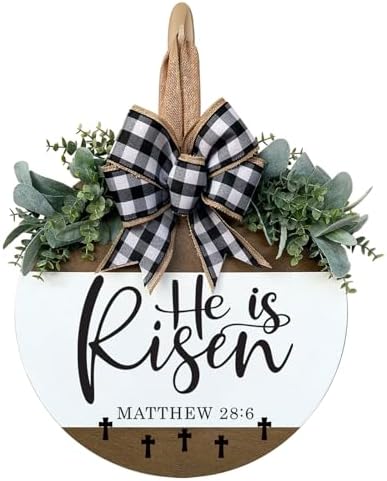 He Is Risen Welcome Sign for Front Door, Rustic Round Wood Easter Door Hanger Wreaths, Farmhouse Front Porch
