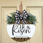 He Is Risen Welcome Sign for Front Door, Rustic Round Wood Easter Door Hanger Wreaths, Farmhouse Front Porch, alternate view