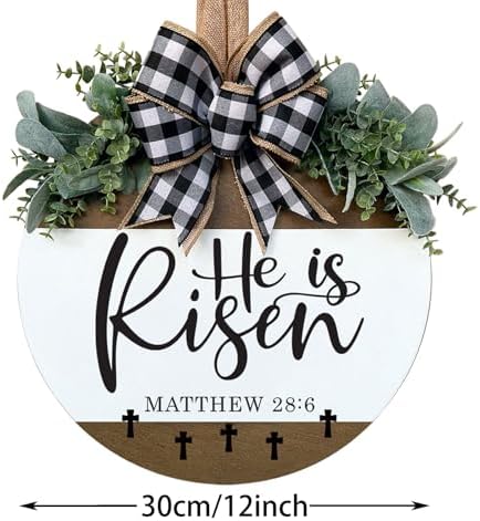 He Is Risen Welcome Sign for Front Door, Rustic Round Wood Easter Door Hanger Wreaths, Farmhouse Front Porch, alternate view