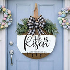 He Is Risen Welcome Sign for Front Door, Rustic Round Wood Easter Door Hanger Wreaths, Farmhouse Front Porch, alternate view