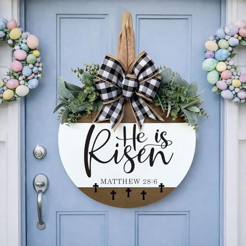 He Is Risen Welcome Sign for Front Door, Rustic Round Wood Easter Door Hanger Wreaths, Farmhouse Front Porch, alternate view