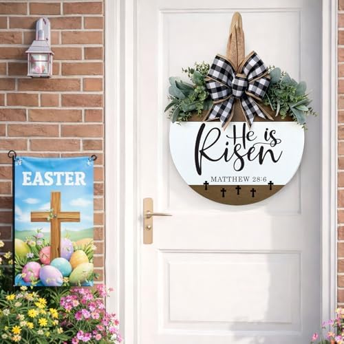 He Is Risen Welcome Sign for Front Door, Rustic Round Wood Easter Door Hanger Wreaths, Farmhouse Front Porch, alternate view