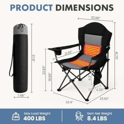 Heated Camping Chair for Adults, Folding Chair for Outside in Black & Grey, alternate view 3