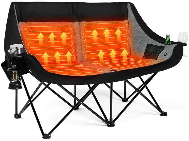 Heated Double Camping Chair, Heavy Duty Loveseat Padded Chair for 2 Person in Heated in Loveseat Grey