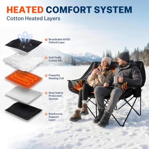 Heated Double Camping Chair, Heavy Duty Loveseat Padded Chair for 2 Person in Heated in Loveseat Grey, alternate view 2