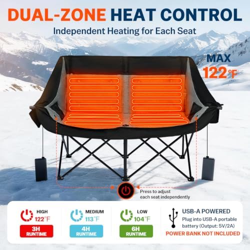 Heated Double Camping Chair, Heavy Duty Loveseat Padded Chair for 2 Person in Heated in Loveseat Grey, alternate view 3