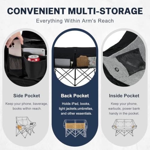 Heated Double Camping Chair, Heavy Duty Loveseat Padded Chair for 2 Person in Heated in Loveseat Grey, alternate view 5