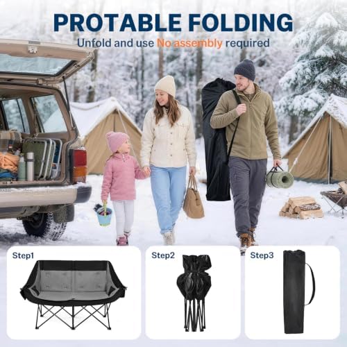 Heated Double Camping Chair, Heavy Duty Loveseat Padded Chair for 2 Person in Heated in Loveseat Grey, alternate view 6