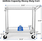 Heavy Duty 2 Tier Rolling Cart, NSF Listed, 660Lbs Capacity, Commercial Grade Metal, 35.63"x18.1"x33.93", alternate view 2
