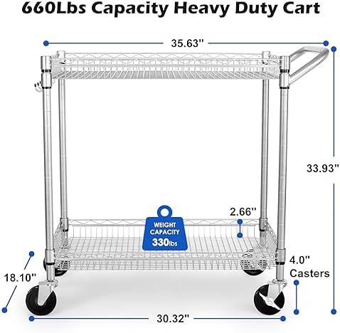 Heavy Duty 2 Tier Rolling Cart, NSF Listed, 660Lbs Capacity, Commercial Grade Metal, 35.63"x18.1"x33.93", alternate view 2