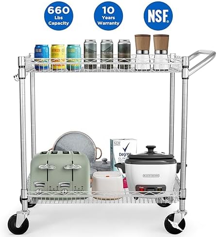 Heavy Duty 2 Tier Rolling Cart, NSF Listed, 660Lbs Capacity, Commercial Grade Metal, 35.63"x18.1"x33.93", alternate view 3