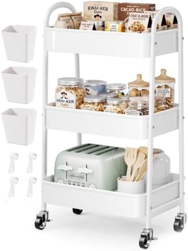 Heavy Duty 3 Tier Rolling Cart Metal with Wheels, White Three Tiered Carts