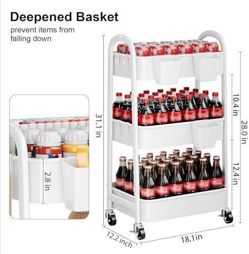 Heavy Duty 3 Tier Rolling Cart Metal with Wheels, White Three Tiered Carts, alternate view 2