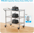 Heavy Duty 3 Tier Utility Rolling Kitchen Cart on Wheels 990LB Capacity, alternate view 2