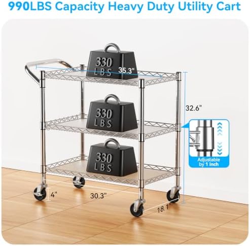 Heavy Duty 3 Tier Utility Rolling Kitchen Cart on Wheels 990LB Capacity, alternate view 2