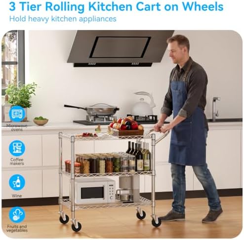Heavy Duty 3 Tier Utility Rolling Kitchen Cart on Wheels 990LB Capacity, alternate view 3