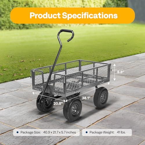 Heavy Duty 880 Lbs Capacity Mesh Steel Garden Cart Folding Utility Wagon with Removable Sides and 4.10/3.50-4", alternate