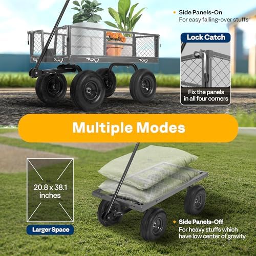 Heavy Duty 880 Lbs Capacity Mesh Steel Garden Cart Folding Utility Wagon with Removable Sides and 4.10/3.50-4", alternate