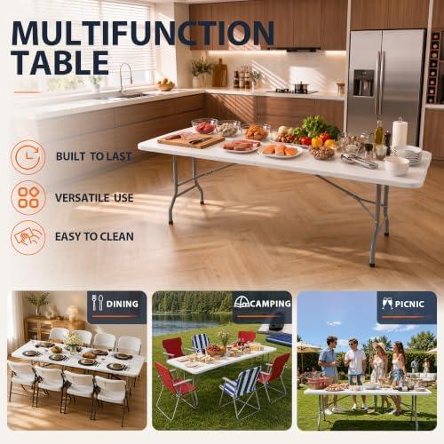 Heavy Duty 8FT Folding Table, Large Portable Utility Table with 620 lbs Load Capacity, Sturdy Steel Frame, alternate view 3
