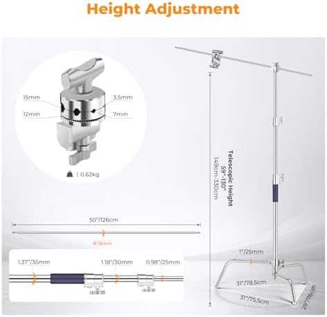 Heavy Duty C Stand, 10.8ft, with Holding Arm, Stainless Steel, alternate view 2