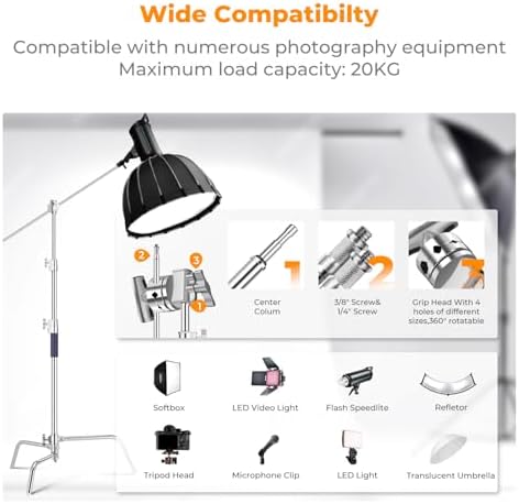 Heavy Duty C Stand, 10.8ft, with Holding Arm, Stainless Steel, alternate view 6
