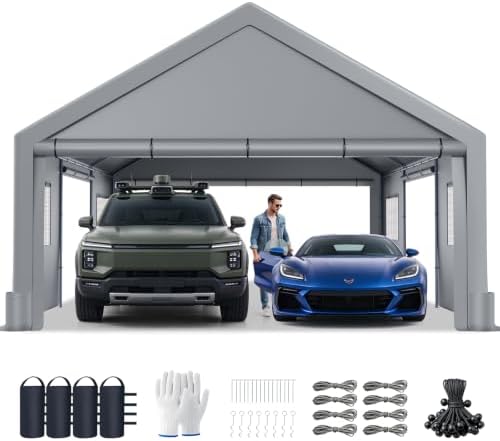 Heavy Duty Carport 20x20 with Side & Removable Door & Roll-Up Window