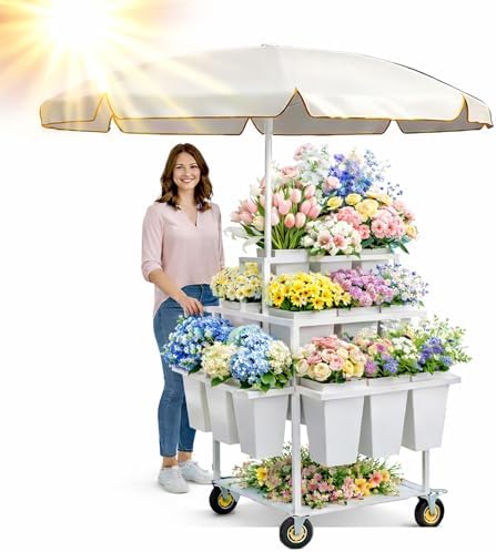 Heavy Duty Flower Cart Display Stand with Umbrella, Rolling Flower Cart with 18 Buckets, Flower Carts with
