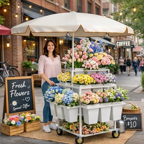 Heavy Duty Flower Cart Display Stand with Umbrella, Rolling Flower Cart with 18 Buckets, Flower Carts with, alternate view 2