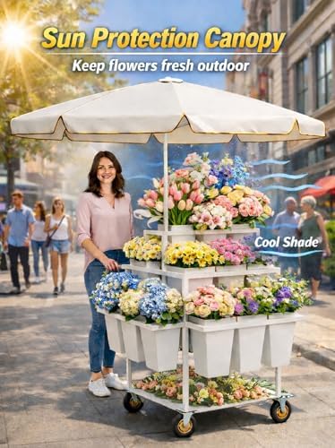 Heavy Duty Flower Cart Display Stand with Umbrella, Rolling Flower Cart with 18 Buckets, Flower Carts with, alternate view 4