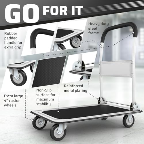 Heavy Duty Foldable Push Cart Dolly | 330 lbs. Capacity | Upgraded Collapsible Hand Truck Folding Platform with, alternate
