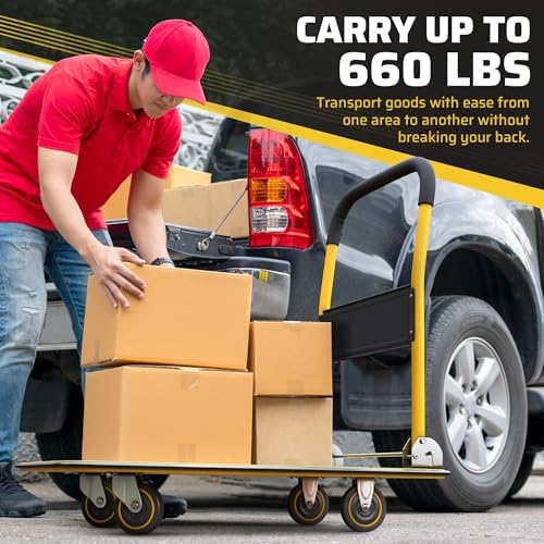 Heavy Duty Foldable Push Cart Dolly | 660 lbs. Capacity | Upgraded Collapsible Hand Truck Folding Platform with, alternate