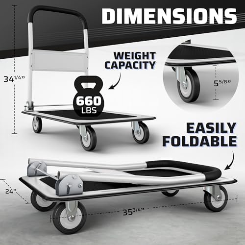 Heavy Duty Foldable Push Cart Dolly | 660 lbs. Capacity | Upgraded Collapsible Hand Truck Folding Platform with, alternate