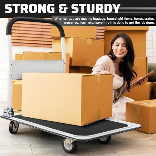 Heavy Duty Foldable Push Cart Dolly | 660 lbs. Capacity | Upgraded Collapsible Hand Truck Folding Platform with, alternate