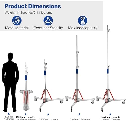 Heavy Duty Light Stand C Stand with Casters, Adjustable Tripod Stand with 100% Stainless Steel, Photography, alternate view 3