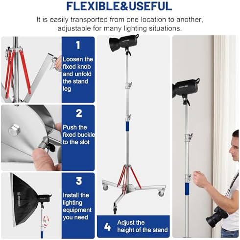 Heavy Duty Light Stand C Stand with Casters, Adjustable Tripod Stand with 100% Stainless Steel, Photography, alternate view 5