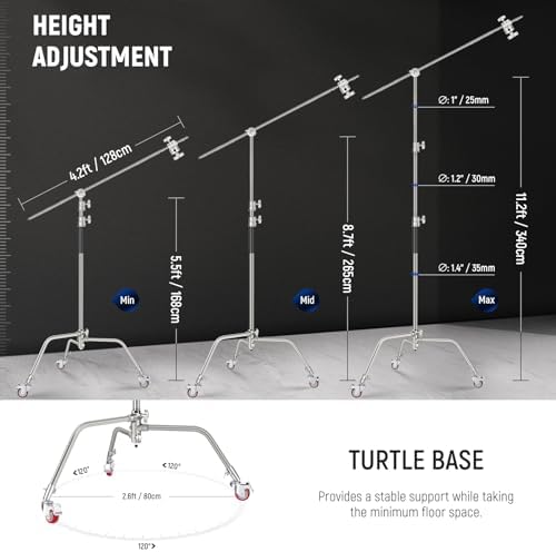 Heavy Duty Light Stand, Metal 11.15ft/3.4m Adjustable Photography C Stand Tripod with Boom Arm Built in Spring, alternate