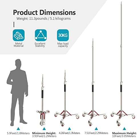 Heavy Duty Light Stand with Casters, 100% Stainless Steel Tripod, alternate view 2