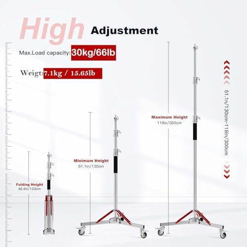 Heavy Duty Light Stand with Casters 10ft/305CM 30kg/66lb Load Bearing, alternate view 2