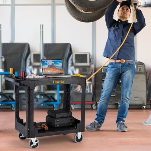 Heavy Duty Plastic Flat Top Utility Work Cart, 37 x 18.8 in, Black in Black, alternate view 2