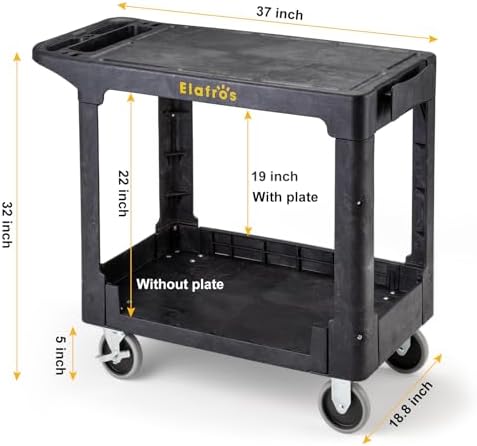 Heavy Duty Plastic Flat Top Utility Work Cart, 37 x 18.8 in, Black in Black, alternate view 3